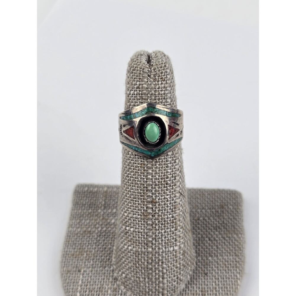 Vintage Signed GC Crushed Turquoise Coral Sterling Silver Ring Size 4.5